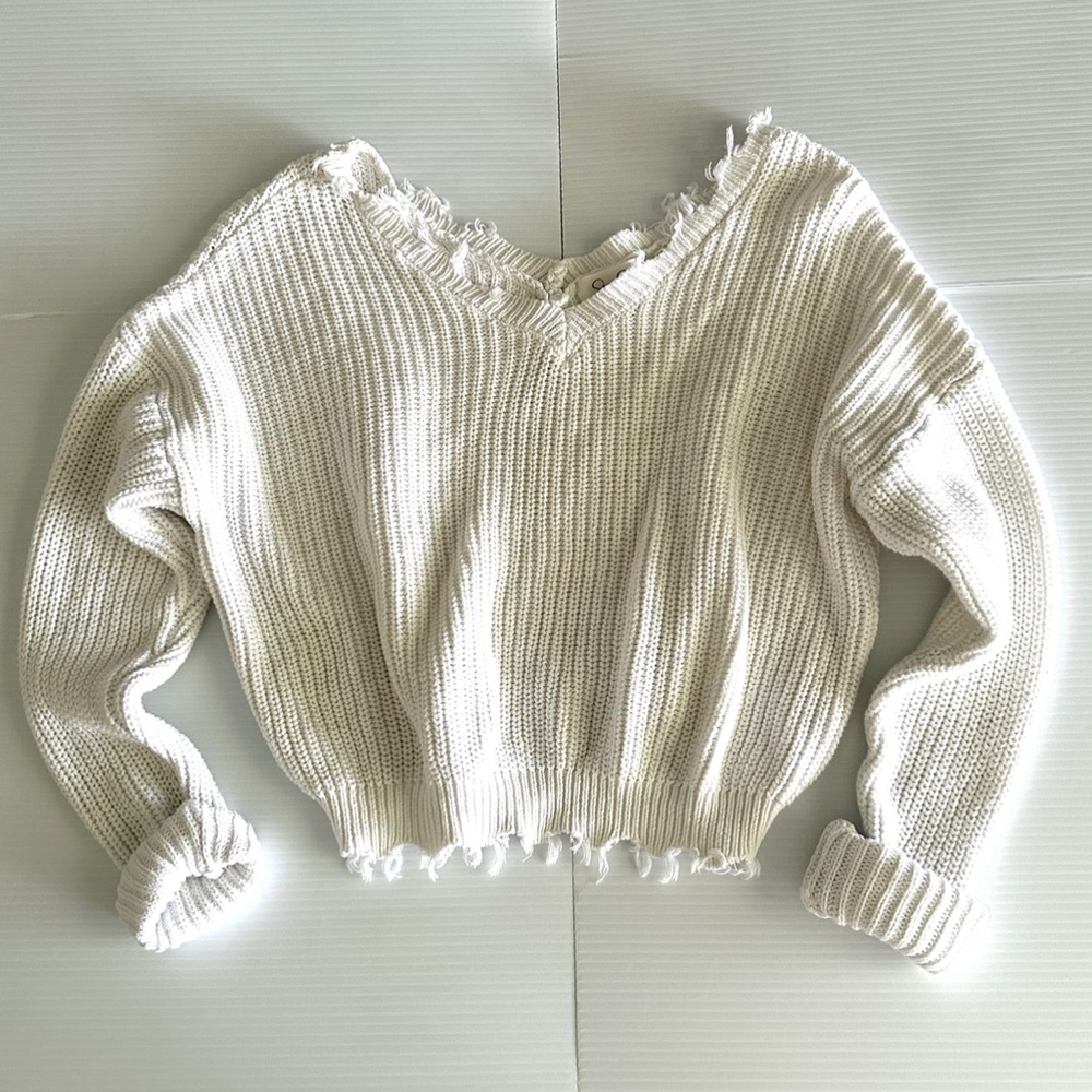 Jessica Simpson Off the Shoulder Frayed White Sweater